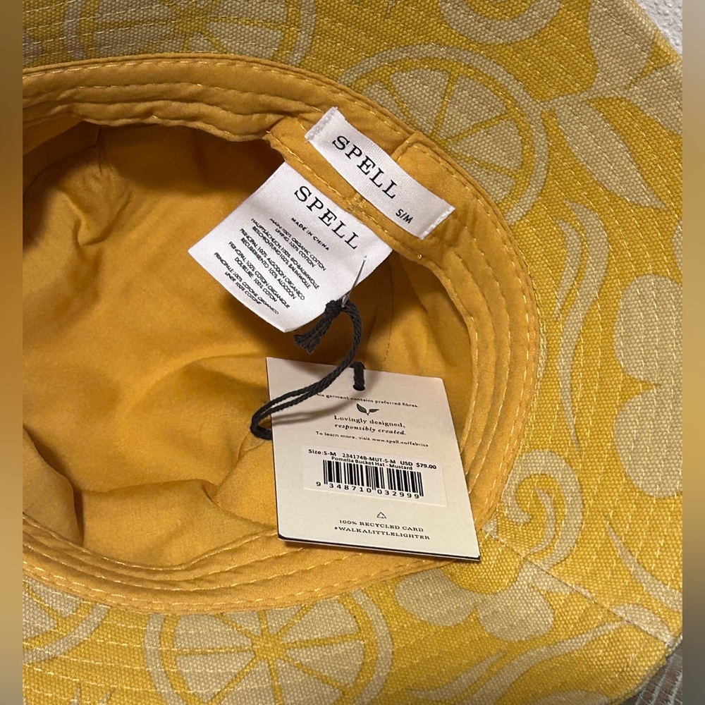 NWT Spell Pomelia Bucket Hat S/M ๐ Mustard Color Lemon Print - Picture 3 of 13